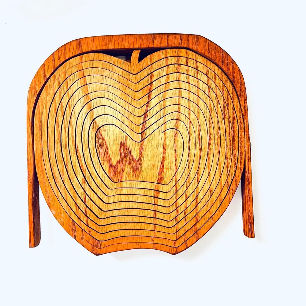 Vintage Collapsible Wood Apple Shaped Basket Fruit Bowl & Trivet Cottage Decor‎